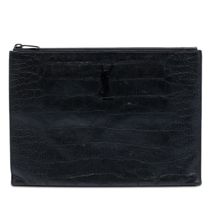 Saint Laurent Croc Embossed Leather Monogram Document Holder