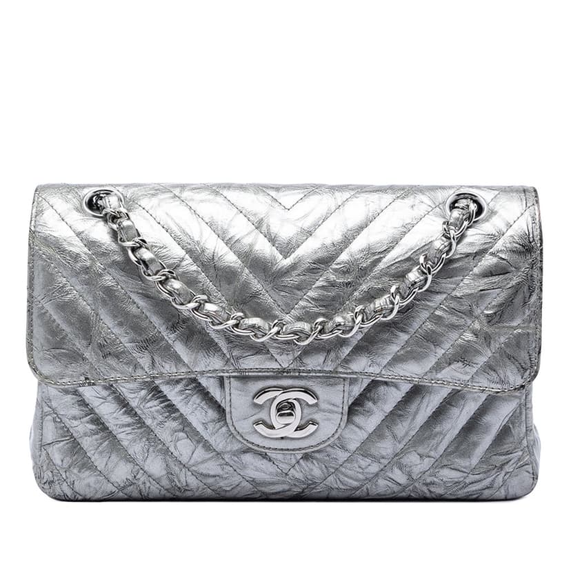 Chanel Small Classic Chevron Metallic Crumpled Calfskin Double Flap