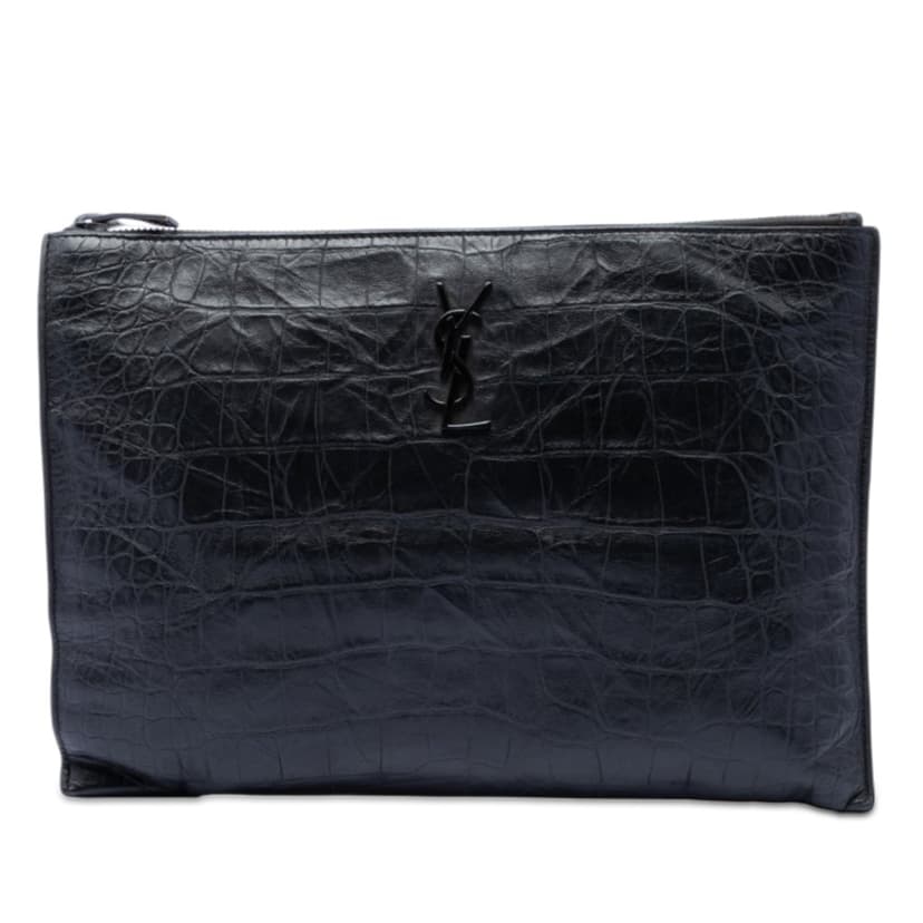 Saint Laurent Croc Embossed Leather Monogram Document Holder