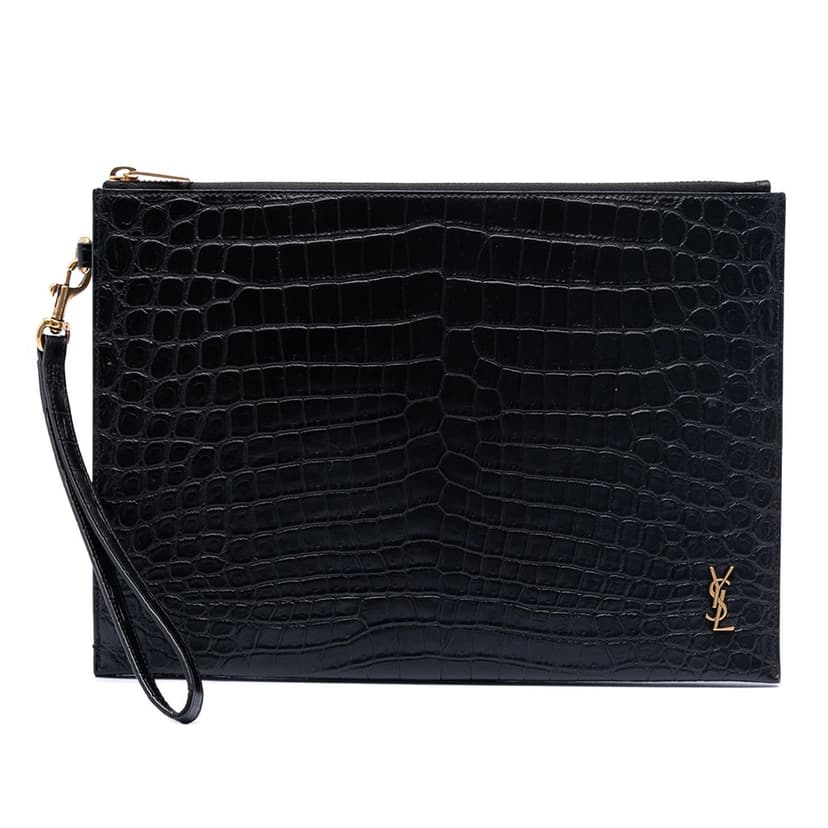 Saint Laurent Croc Embossed Leather Tiny Monogram Zipped Tablet Holder