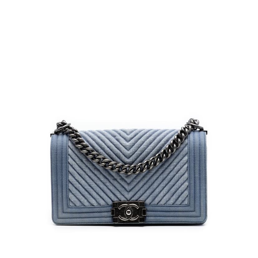 Chanel قماش جينز قديم متوسط الحجم بنقشة شيفرون، مناسب للأولاد