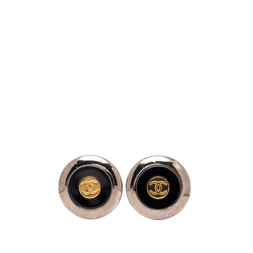 Chanel CC Two Tone Brass Enamel Clip On Earrings