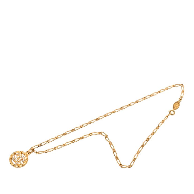 Chanel CC Gold Plated Strass Round Pendant Necklace
