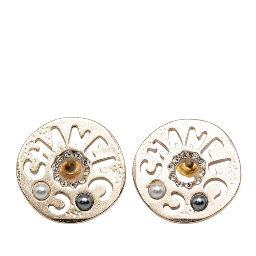 Chanel Gold Plated Strass Faux Pearl Coco Logo Disc Pushback Earrings