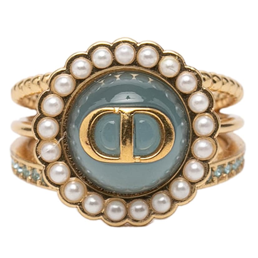 Dior Gold Plated Resin Faux Pearl Strass CD Logo Ring