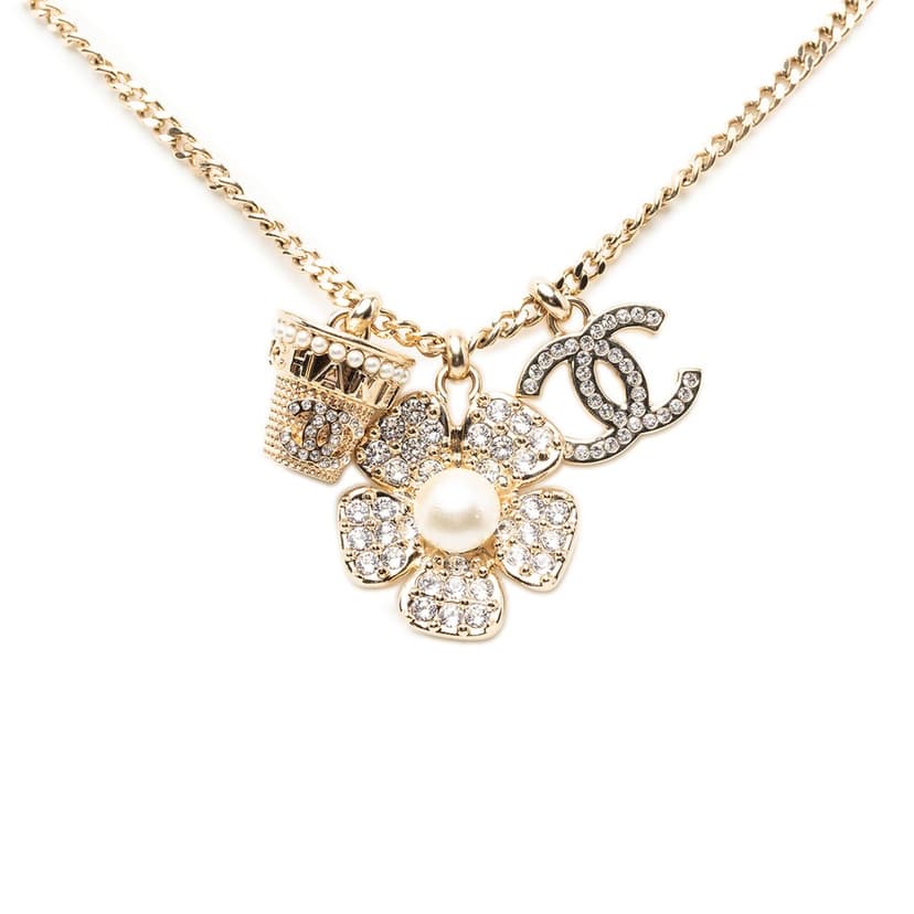 Chanel CC Gold Plated Strass and Faux Pearl Flower Pendant Necklace