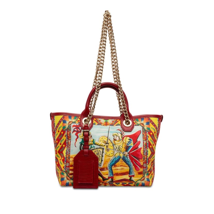 Dolce & Gabbana Snakeskin Embossed Leather Trimmed Canvas Carretto Print Capri Tote