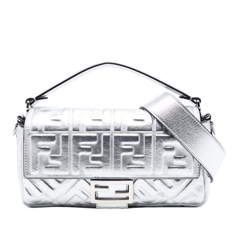 Fendi Medium Metallic Leather Embossed FF Baguette Satchel