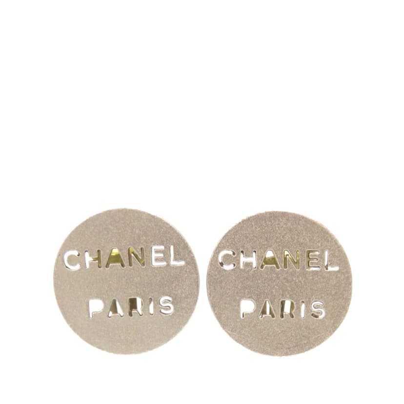 Chanel Brass Cut Out Logo Round Clip On Earrings