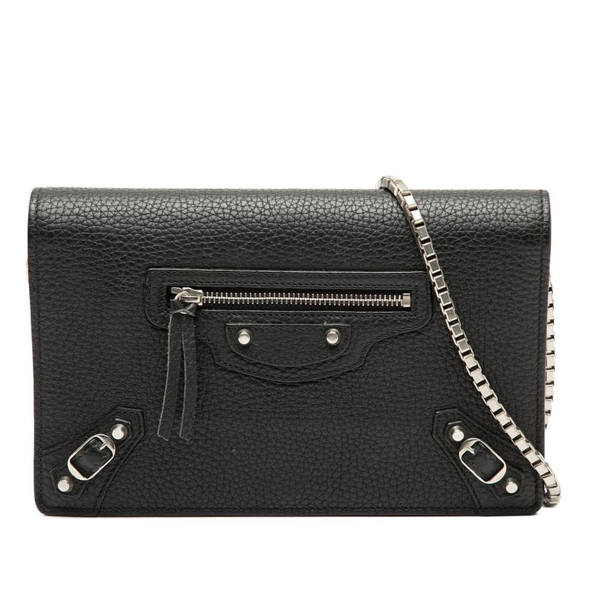 Balenciaga Leather Metal Plate City Wallet on Chain