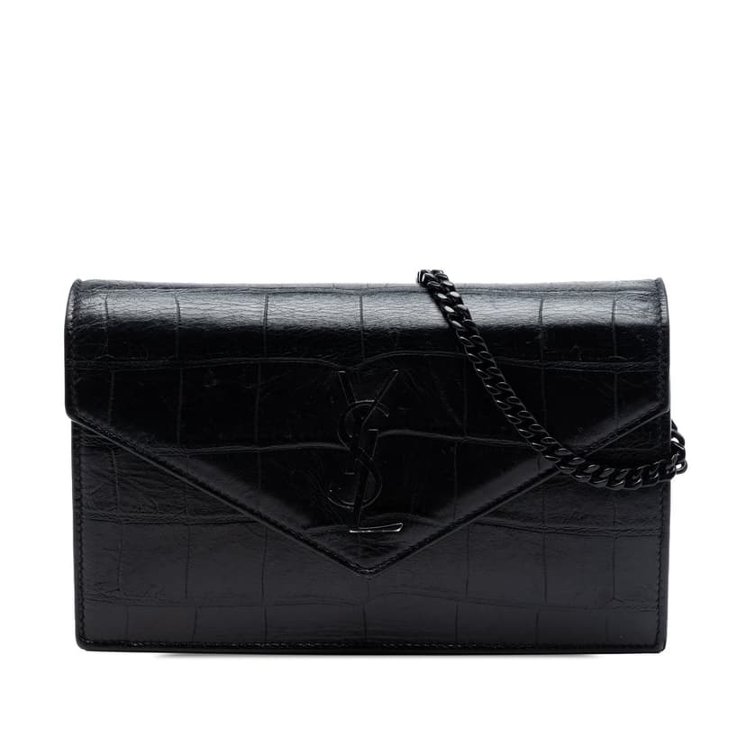 Saint Laurent Croc Embossed Leather Monogram Monochrome Envelope Chain Wallet