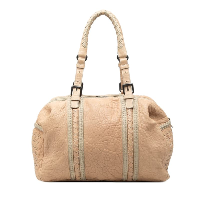 Bottega Veneta Intrecciato Trimmed Pebbled Lambskin Top Handle Bag
