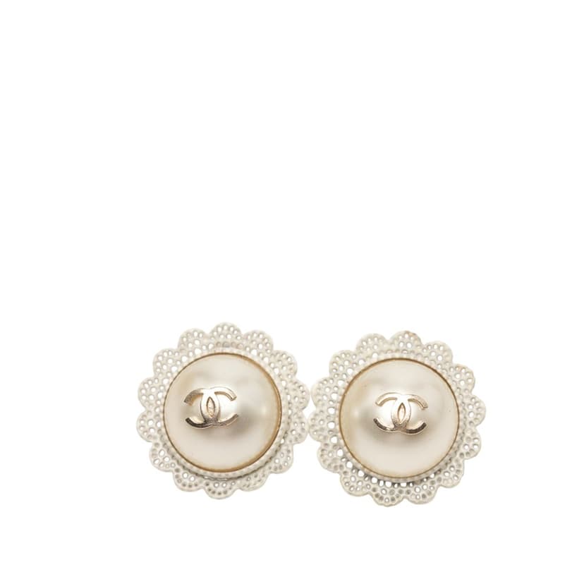 Chanel CC Gold Plated Faux Pearl Lace Push Back Earrings