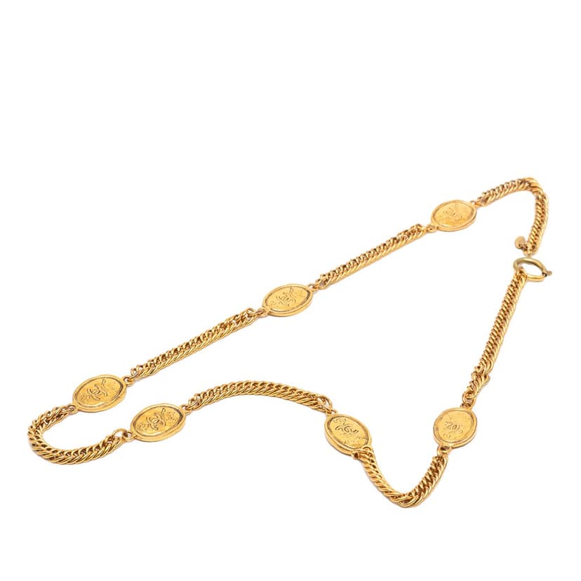 Chanel CC Gold Plated Crown Medallion Station Necklace