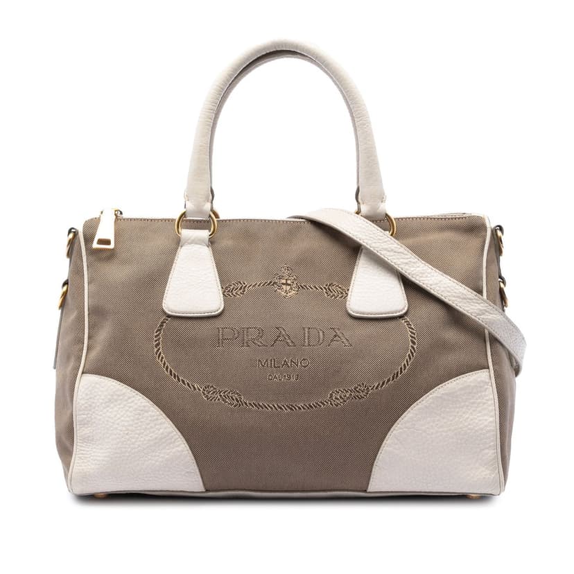 Prada Vitello Daino Trimmed Canvas Canapa Logo Satchel