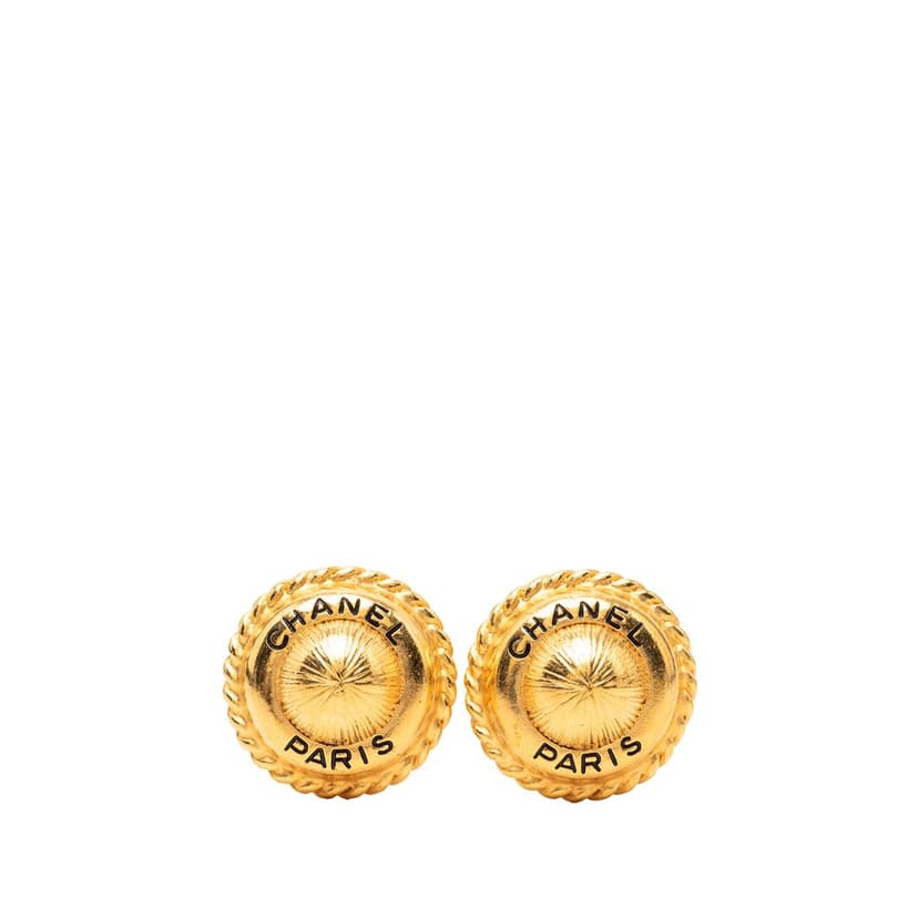 Chanel Gold Plated Logo Round Clip On Earrings