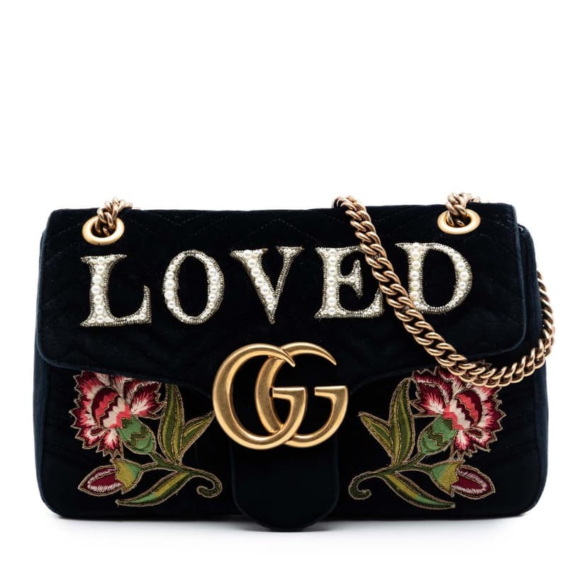 Gucci Large GG Marmont Matelasse Velvet Embroidered Loved Shoulder Bag