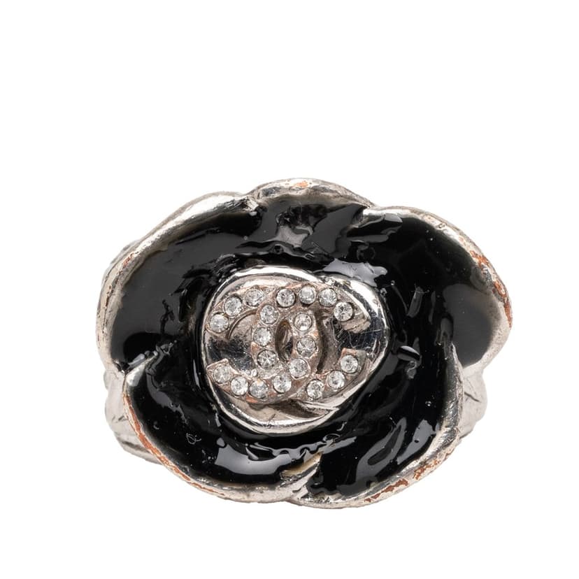 Chanel CC Brass and Strass Enamel Camellia Ring
