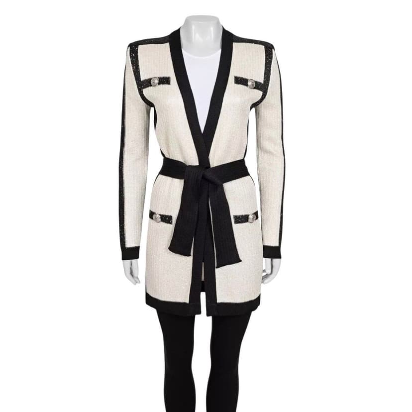 Balmain كارديجان بالمان أبيض طويل جديد بدون علامة مع حزام - مقاس 36 أوروبي/صغير (مستعمل)