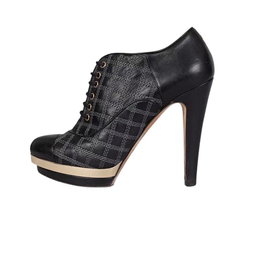 Chanel Chanel Black Leather Checkered Embroidery Ankle Boots Sz 37.5 pre-owned