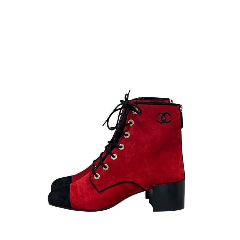 Chanel NWOB Chanel Red Suede 19K Block Heel Lace-Up Boots Sz.41 Pre-owned