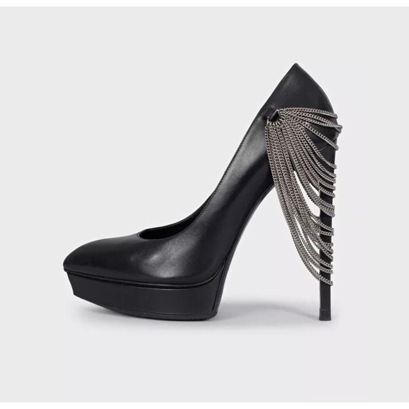 Saint Laurent Saint Laurent Chain-Detail Black Leather Heels Sz.37 Pre-owned