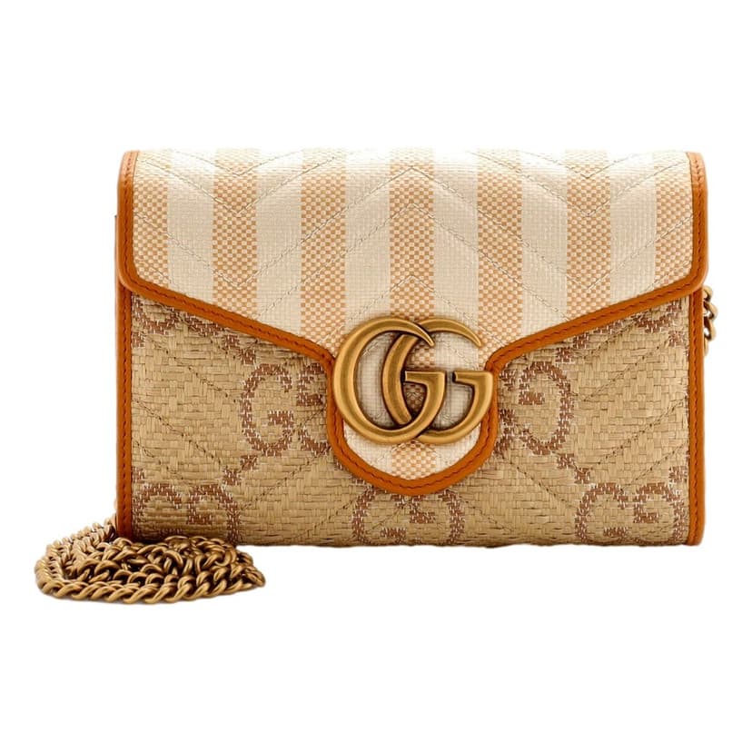 Gucci Gucci GG Marmont Raffia Wallet on Chain in Orange and Beige