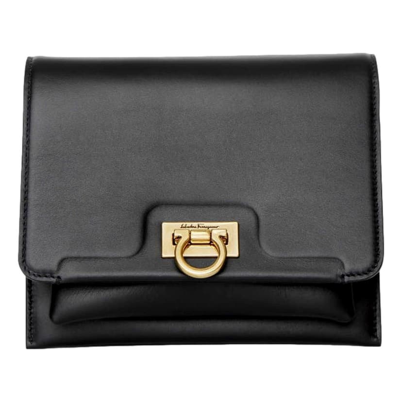 Salvatore Ferragamo Ferragamo Trifolio Black Leather Flap Crossbody Bag Gold Gancini Designer