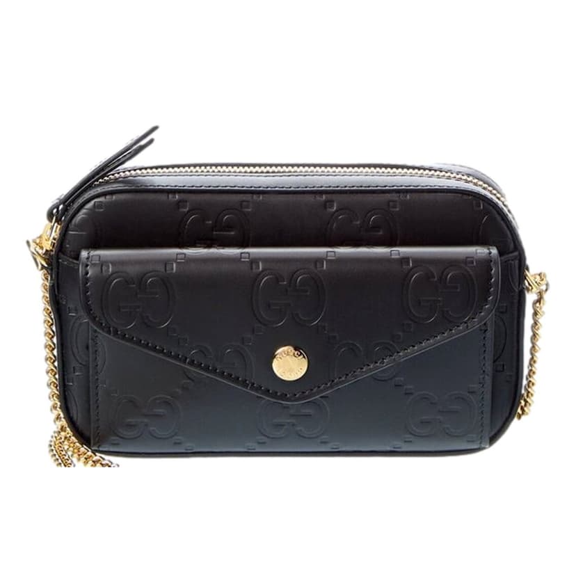 Gucci Gucci Gilbert Black Guccissima Leather Double Zip Camera Crossbody Bag Gold Chain