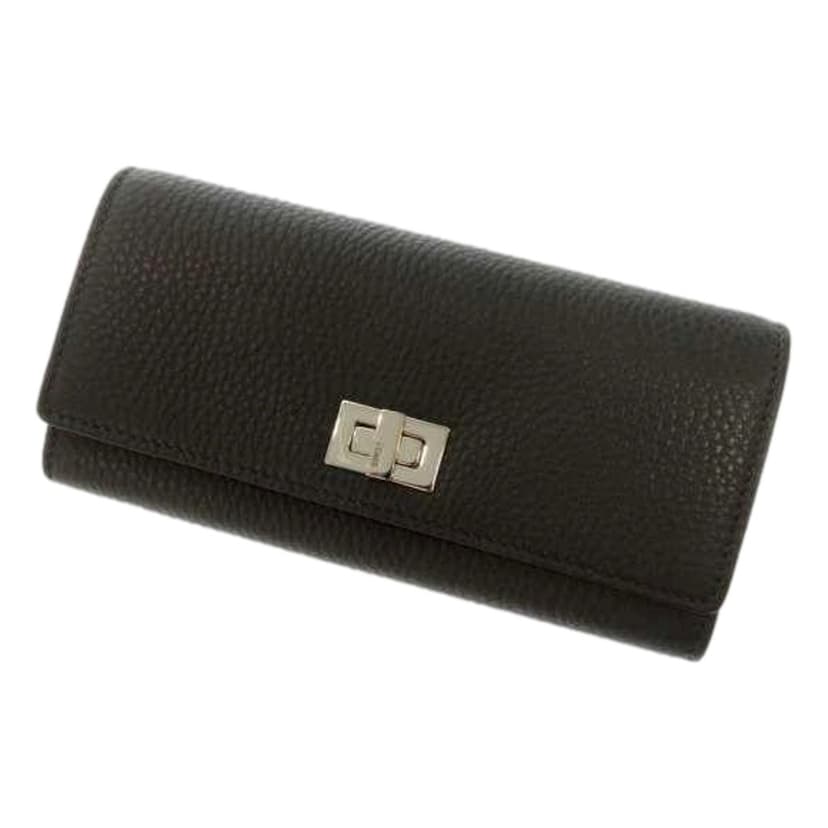 Fendi Fendi Peekaboo Turn Lock Black Grained Leather Continental Long Wallet Silver Hardware