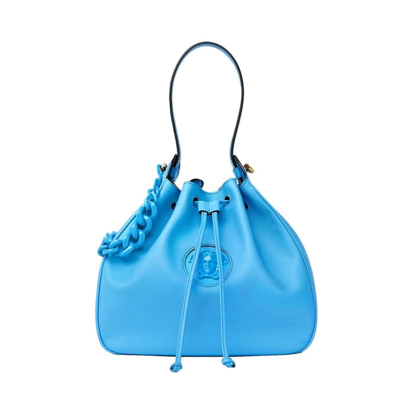 Versace Versace La Medusa Blue Textured Leather Bucket Bag Gold Hardware Chain Strap
