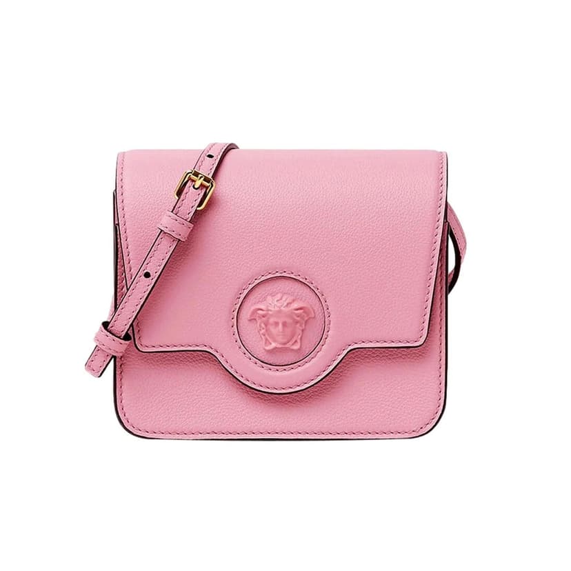 Versace Versace La Medusa Pink Pebbled Leather Small Crossbody Bag Gold Logo