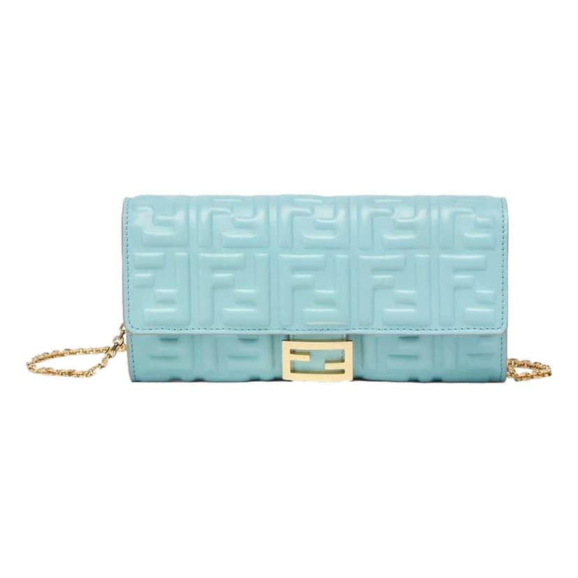 Fendi Fendi Baguette FF Embossed Lambskin Wallet on a Chain Crossbody in Light Blue