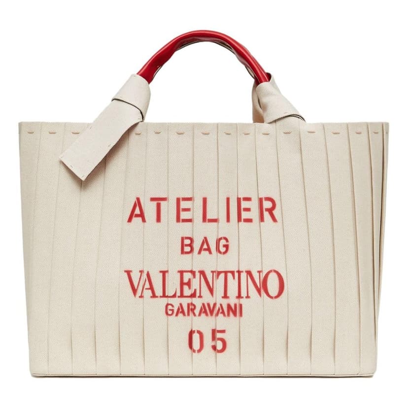 Valentino Garavani Valentino Garavani 05 Plissé Edition Sac Atelier Large Canvas Tote Bag Beige Red Trim