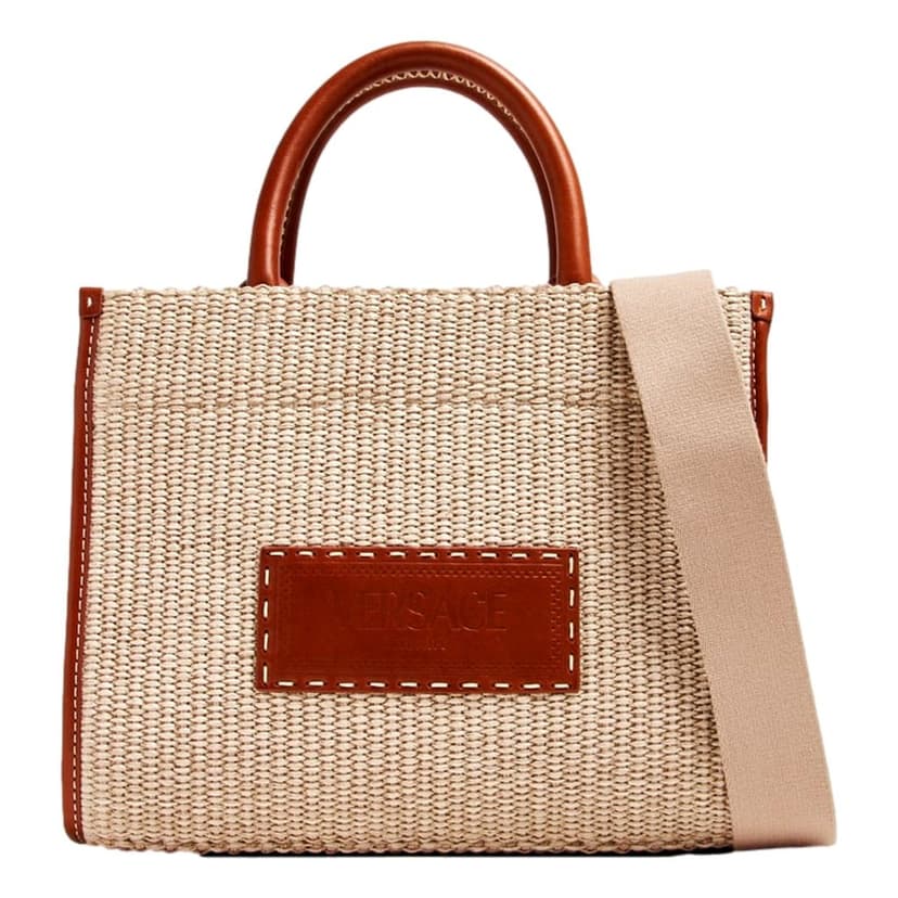 Versace Versace Athena Raffia Small Shopper Tote Beige Leather Trim Shoulder Bag