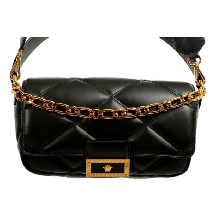 Versace Versace La Medusa Quilted Black Calfskin Leather Crossbody Bag Gold Chain