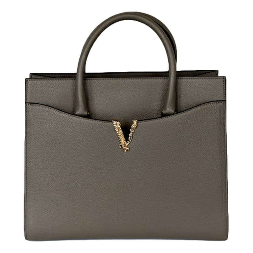 Versace Versace Virtus Medium Top Handle Tote Taupe Grey Calfskin Leather Handbag