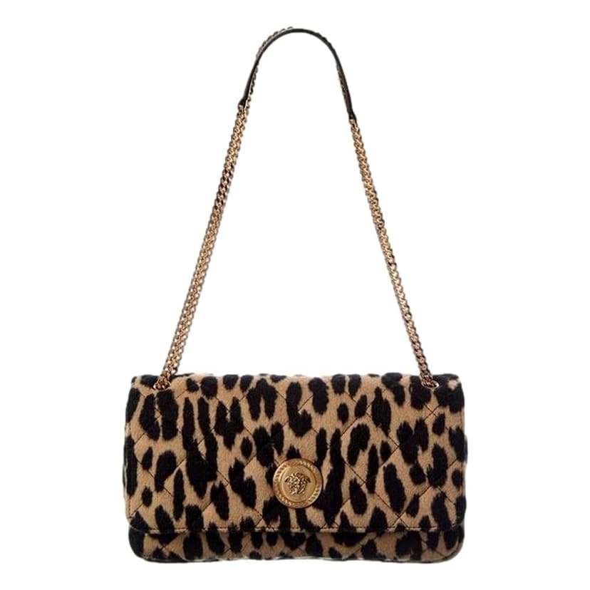 Versace Versace Leopard Print Wool Leather Shoulder Bag Gold Medallion Chain Strap