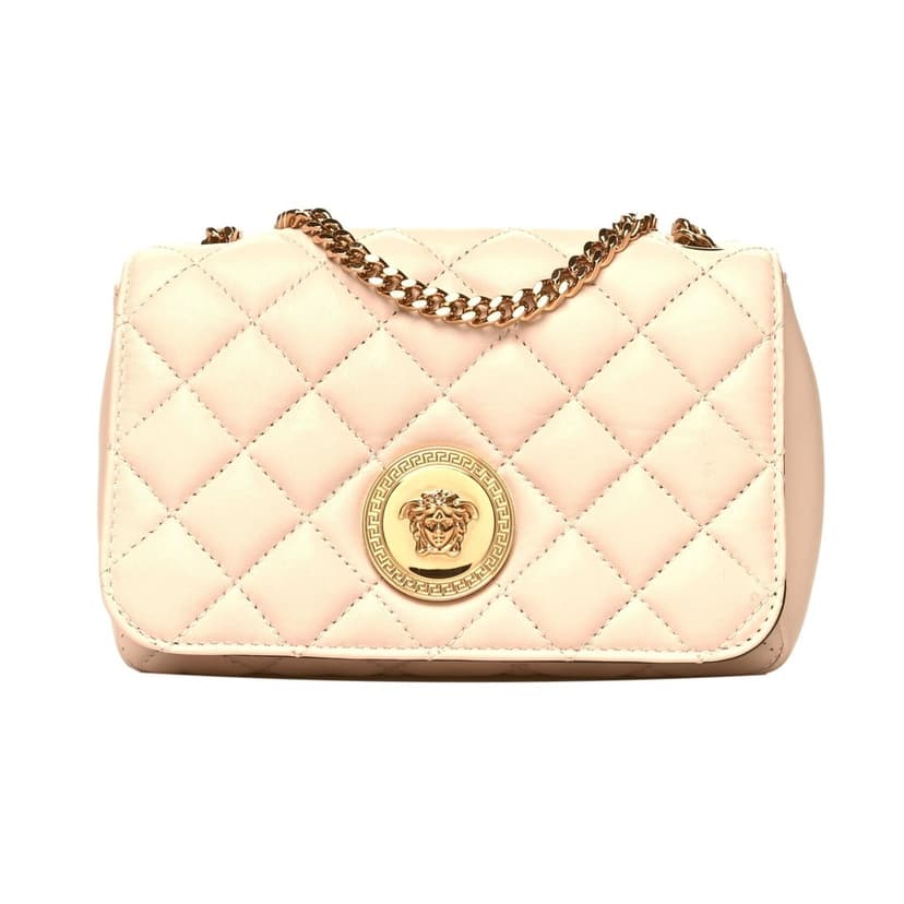 Versace Versace La Medusa Nappa Quilted Beige Leather Small Crossbody Bag Gold Chain