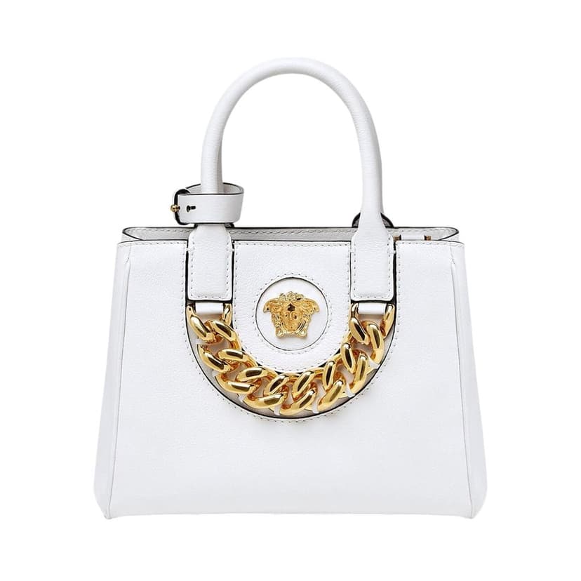Versace Versace La Medusa White Leather Small Crossbody Tote Bag Gold Plaque Chain