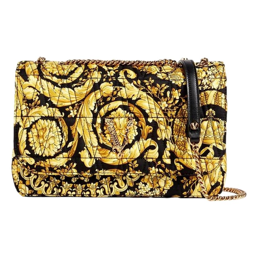 Versace Versace Virtus Barocco Print Quilted Silk Shoulder Bag Black Gold