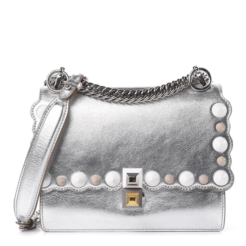 Fendi Fendi Kan I Metallic Silver Calfskin Scalloped Studded Bag