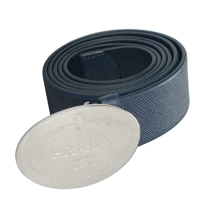 Prada Prada Mens Navy Saffiano Leather Belt  Silver Oval Buckle Belt Size 90/36