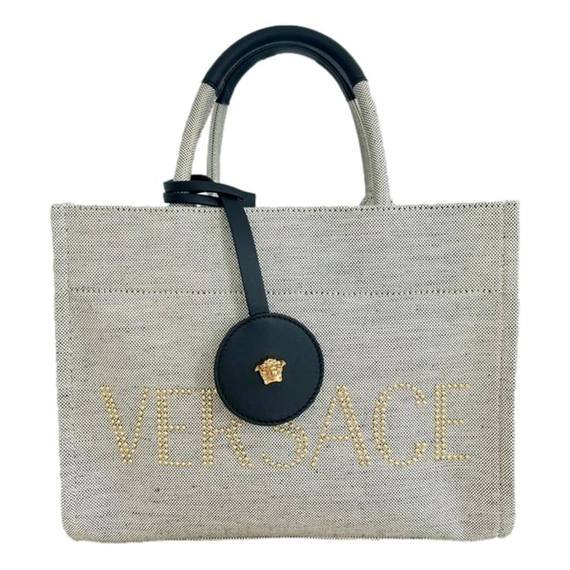 Versace Versace Studded Logo Mini Tote Ecru Canvas Crossbody Bag Gold Hardware