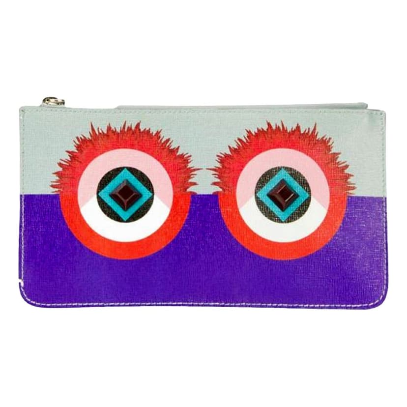Fendi Fendi Monster Zip Pouch Clutch Cosmetic Bag Travel Purple Blue Leather