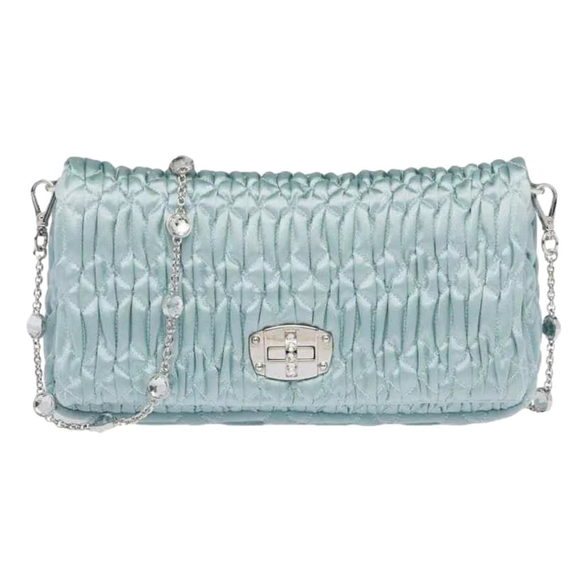 Miu Miu Miu Miu Satin Quilted Crystal Embellished Chain Crossbody Light Blue