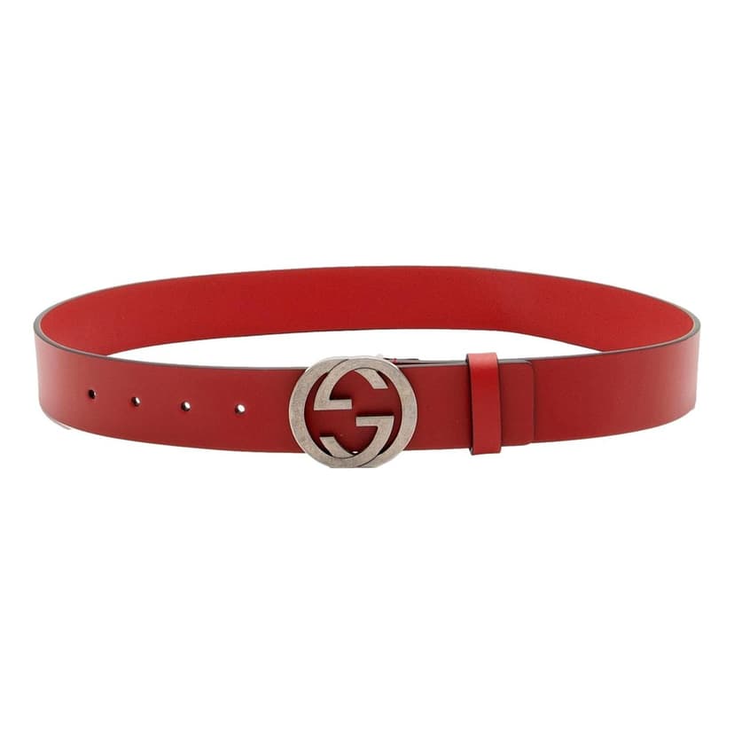 Gucci Gucci Interlocking Leather GG Buckle Antiqued Silver Tone Belt Rosso Red 85/34
