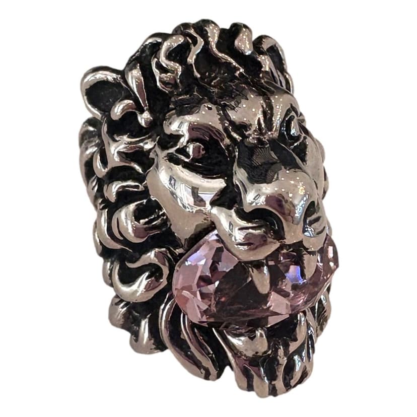 Gucci Gucci Lion Head Motif Silver Ring Light Pink Crystal Size 10