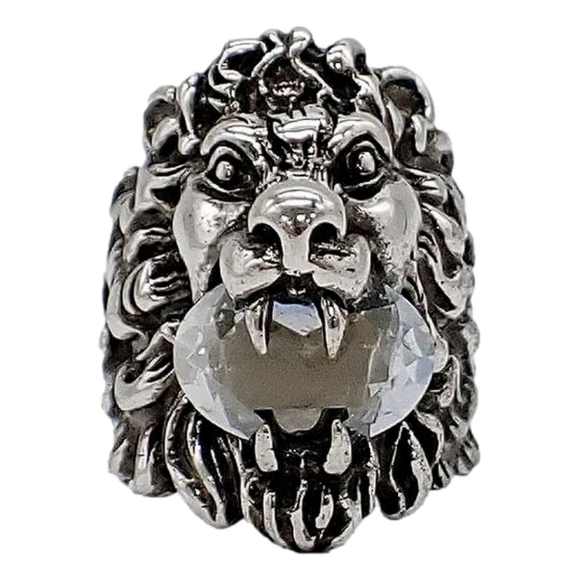 Gucci Gucci Lion Head Motif Silver Ring Crystal Size 10