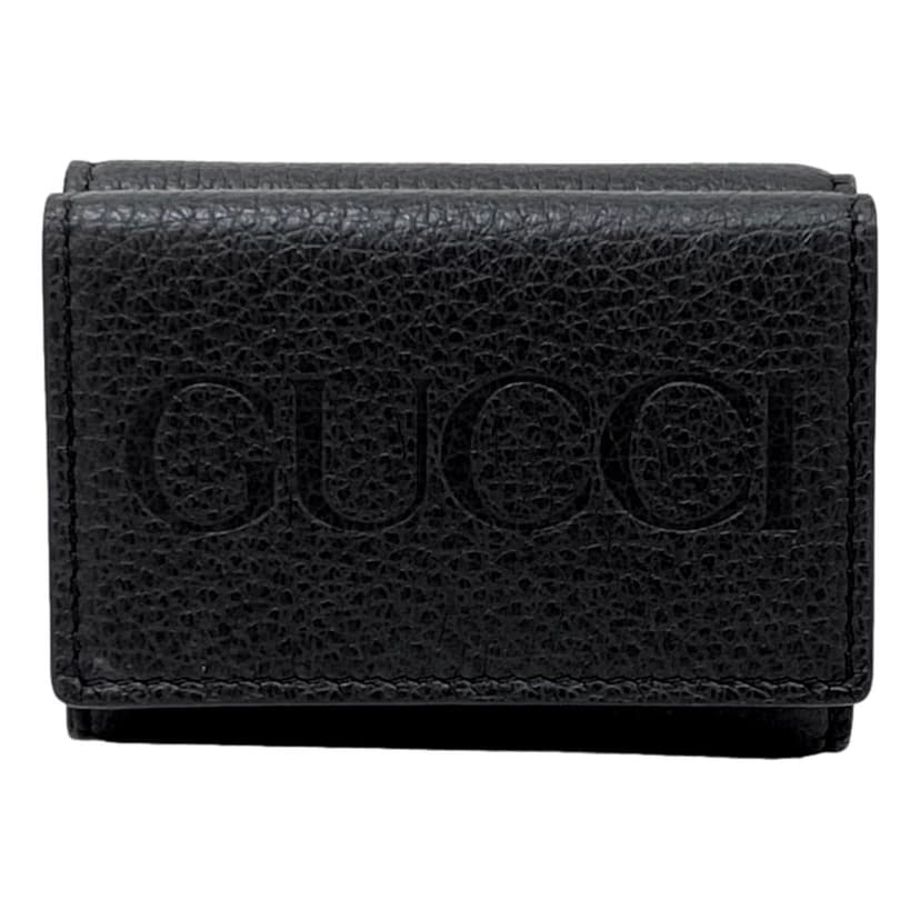 Gucci Gucci Black Pebbled Leather Tri Fold Wallet Coin Pouch Gold Hardware